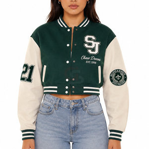 Veste de baseball universitaire personnalisée pour femme, coupe courte, en laine, avec patchs en chenille, style Letterman, manches en cuir véritable - Product Image 1