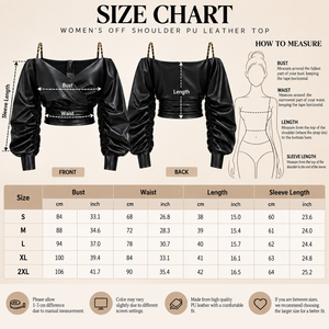 Chemisier court noir en similicuir PU pour femme, à épaules dénudées, style cache-cœur, à manches longues lanternes avec détail chaîne - Product Image 4