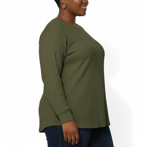 Waffle Cotton Oversized Long Sleeve T Shirt Crew Neck Ribbed Cuff <b>Thermal</b> Waffle Knit Casual <b>Top</b> for Women - Product Image 3