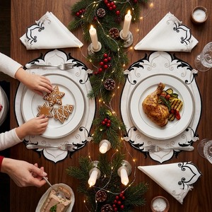 Elegant <b>Black</b> Embroidered Linen <b>Placemats</b> and Napkins Set Scalloped Edge Baroque Table Mat for Hotel Wedding Banquet Decor - Product Image 4