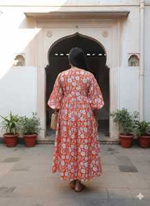 Floral Handblock Cotton Floor Length Dress O Neck <b>Three</b> Quarter Puff Sleeves Loose Fit Women's Daily Wear Embroidery Pocket - Product Image 2
