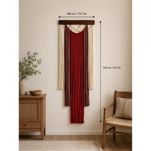 Décoration murale rectangulaire pour salon, pièce unique, macramé bohème, rayures verticales rouge et crème - Product Image 2