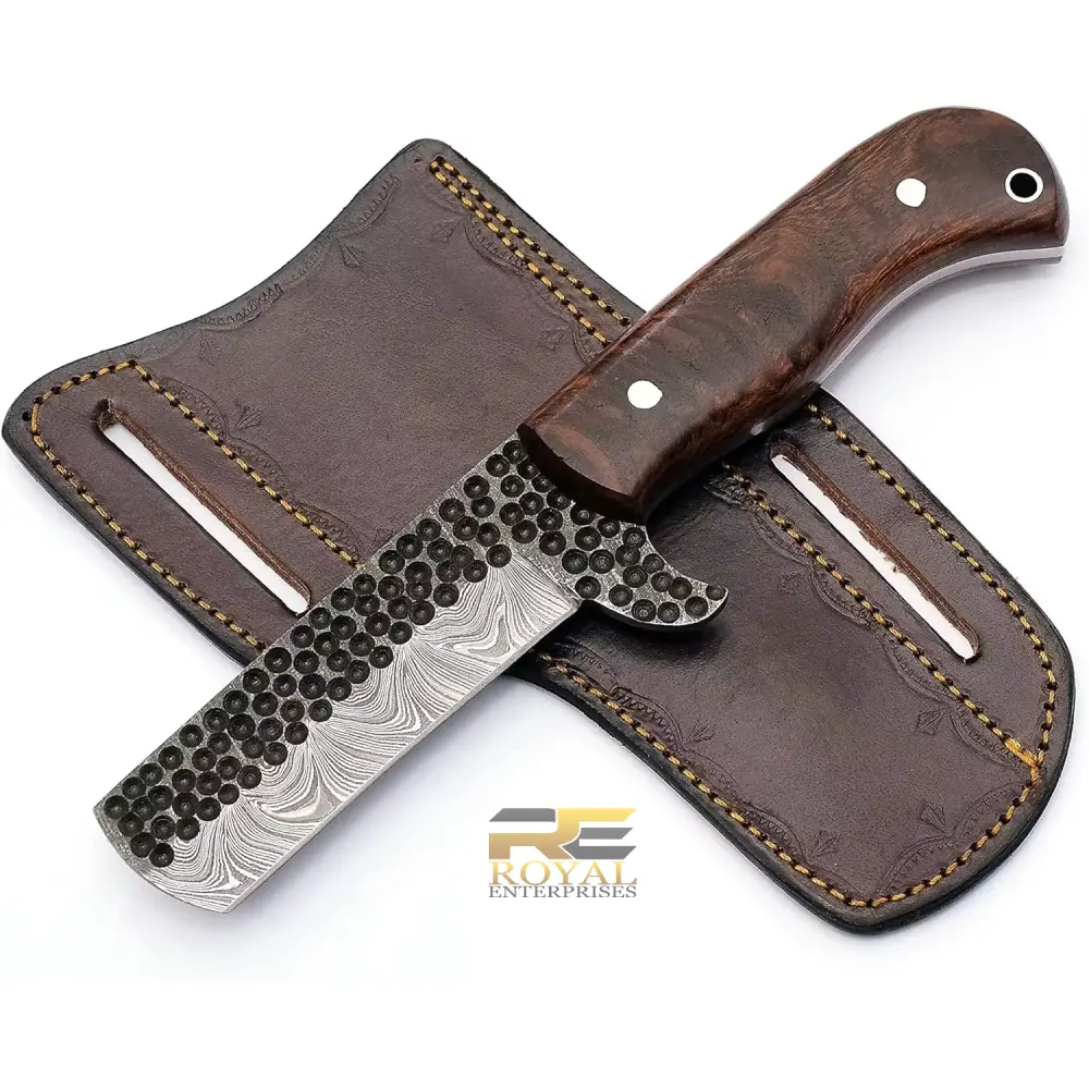 Cuchillo de toro de acero de Damasco hecho a mano personalizado con mango de madera de Rosa y Funda de cuero fino cuchillo de carne cuchillo de pesca