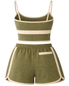 Conjunto de Camisola y Pantalones Cortos para Mujer en Verde Oliva y Beige, Traje de Dos Piezas para Verano, Top Corto de Mezcla de Algodón con Estampado de Hongos y Pantalones Cortos con Cordón Ajustable - Product Image 2