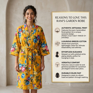 Robe Kimono en Coton Imprimé Floral Faite à la Main, Manches Longues, Légère, Ceinturée, pour la Détente, le Spa et les Resorts - Product Image 4