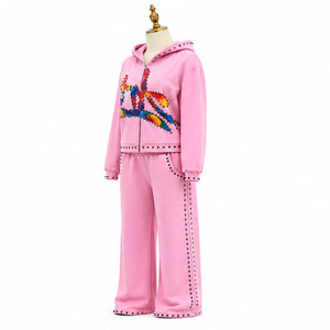 Pink <b>Y2K</b> <b>Tracksuit</b> Set With Rhinestone Letter Logo Hooded Zipper Sweatshirt And Full Length Pants For Women Autumn Wear - Product Image 2