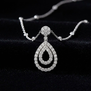 Collier pendentif en or blanc massif 10K avec double halo de diamants en forme de poire, diamant de laboratoire, pendentif en forme de grappe de fleurs, chaîne de station - Product Image 1