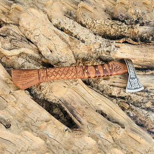 Viking Style Industrial Grade Decorative Axe with Nordic Pattern Head Carbon Steel Blade <b>Wrapped</b> Handle Authentic Rustic Look - Product Image 3