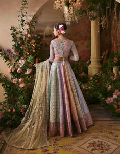 Elegant Beaded Chiffon Bridal Lehenga Scalloped Crop <b>Top</b> Long Sleeve A-Line Floor-Length Modern Contrast Color Dress for - Product Image 3