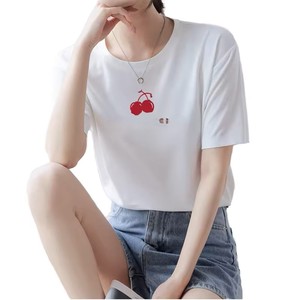 Women's <b>White</b> Short Sleeve <b>T</b>-<b>Shirt</b> 100% Cotton O-Neck Regular Fit Cherry Embroidery Casual Jersey Knitted Spring Summer - Product Image 3
