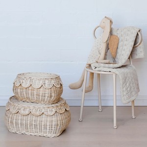 Handwoven Scalloped <b>Basket</b> Set Of 2 Elegant <b>Wicker</b> <b>Basket</b> <b>Storage</b> with Scallop Edge Lid Nursery <b>Storage</b> Clothing Organizing - Product Image 4