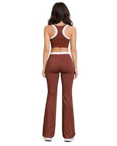 Customized Women Brown <b>White</b> Contrast Sports Bra & Flare Pants <b>Set</b> High Waist Stretch Yoga Fitness <b>Gym</b> Wear Custom OEM Wholesale - Product Image 2