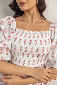 Robe midi à manches bouffantes à imprimé floral, col rond, coupe évasée, décontractée, été, en coton tissé et fibre de bambou, robe à imprimé magnifique pour femmes - Product Image 2