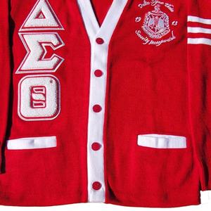 Delta Sigma Theta Men's Red V-Neck <b>Cardigan</b> Full Sleeve Button Closure Embroidered Letter Logo Autumn Wear Acrylic Material - Product Image 5