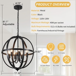 Modern Orb Chandelier Black Metal <b>Globe</b> Hanging Pendant <b>Light</b> Contemporary Sphere Ceiling Lamp Industrial Farmhouse Chandelier - Product Image 2