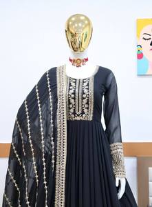 Traje Anarkali Negro Bordado para Mujer, Vestido de Fiesta Pakistaní para Boda, Manga Larga, Plisado con Chal, Ropa Formal de Noche, Secado Rápido - Product Image 3
