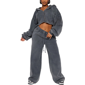 Ensemble de survêtement décontracté pour femme, hiver, imprimé, coupe oversize, avec sweat à capuche court, effet délavé à l'acide, strass, effet soleil, fermeture éclair, manches longues, écoresponsable - Product Image 1