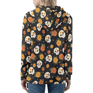 Sudadera con capucha gótica negra con estampado floral de calavera para mujer, de poliéster y elastano, con cremallera completa, estilo streetwear, estampada por sublimación - Product Image 2
