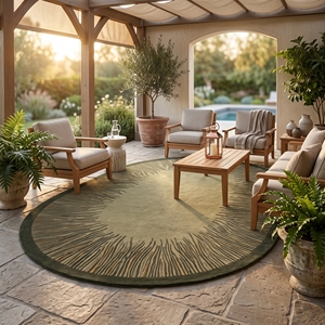 Tapis ovale abstrait moderne fait main avec bordure tuftée motif soleil - Product Image 5