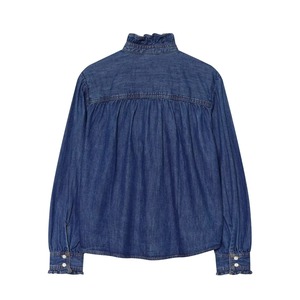 Sweat à capuche unisexe en denim délavé à volants, manches lanternes, col montant, coupe oversize, couleur unie, décontracté, pour l'été et l'automne - Product Image 2