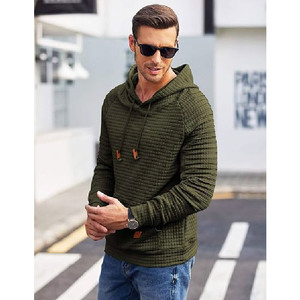 Sudadera con Capucha Personalizada al por Mayor para Hombre, Color Verde Oliva, Tejido Waffle, Corte Ajustado, Manga Larga, Texturizada, con Cordón Ajustable - Product Image 1