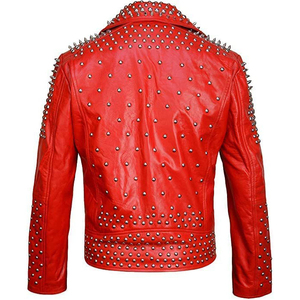 Lawd Sports Red PU Leather Unisex <b>Punk</b> Style Motorcycle <b>Jacket</b> Rivet Decoration V-neck Zipper Closure Breathable Autumn Wear - Product Image 6