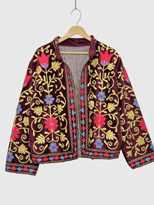 Floral Embroidered <b>Velvet</b> Blouson Mandarin Collar Full Sleeve Plus Size Women's Prairie Chic Autumn Style - Product Image 5
