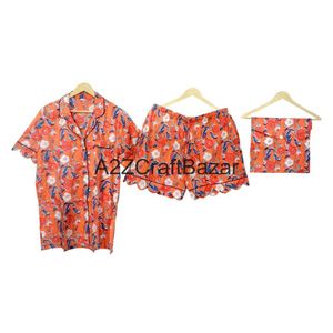 Conjunto de Pijama de Algodón 100% Puro, Lujoso, Elegante, Romántico, Clásico, para Vacaciones de Verano, con Estampado a Mano, Pantalones Cortos Tipo Canguro, Transpirable - Product Image 4
