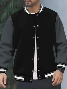 PROFIT SPORTS Unisex Black Letter Jacket Gray Sleeves Regular Fit Casual V-neck <b>Covered</b> <b>Button</b> Closure Polyester Material Winter - Product Image 3