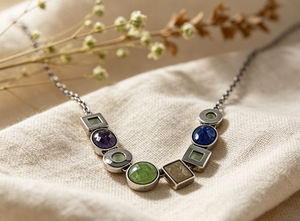 Art Palace 925 Silver Geometric <b>Statement</b> <b>Necklace</b> With Natural Stone Inlay Bohemian Style Link Chain Unisex Everyday Wear - Product Image 2