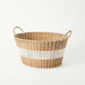 Panier en rotin moderne bicolore, design rayé naturel et blanc, tissé à la main, bac de rangement décoratif pour la décoration intérieure - Product Image 1