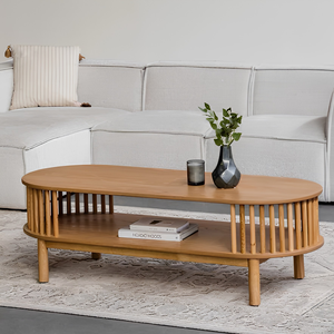 Modern Teak Wood <b>Coffee</b> <b>Table</b> with Storage Shelf Scandinavian Living Room Furniture <b>Oval</b> Design Natural Finish - Product Image 1