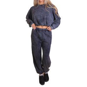 custom logo High Quality Women's Oversized Acid Wash <b>Tracksuit</b> Heavyweight 100%Cotton Crew Neck Loose Fit <b>Tracksuit</b> Solid Color - Product Image 1