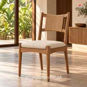 Modern Japandi Solid Teak Wood <b>Dining</b> <b>Chair</b> with Woven Rope Backrest and Upholstered Seat for Home Restaurant Hotel Villa Furnit - Product Image 1