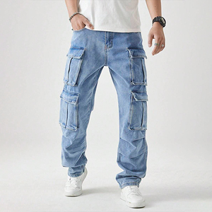 Pantalon cargo en jean noir pour homme, coupe ample, taille mi-haute, couleur unie, style décontracté, en coton tissé, pour l'automne, fournisseur en gros. - Product Image 3