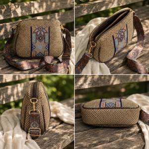 Bolso Bandolera de Lujo Personalizado, Estilo Jaipur, Geométrico, Bordado, Tejido de Rafia, con Correa Ancha Tipo Guitarra, para Mujer - Product Image 3