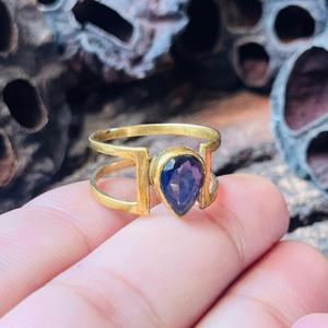 Geometric Amethyst Gemstone <b>Ring</b> Minimalist <b>Open</b> Band Boho Brass 18K Gold Plated for Women Modern Wholesale - Product Image 4