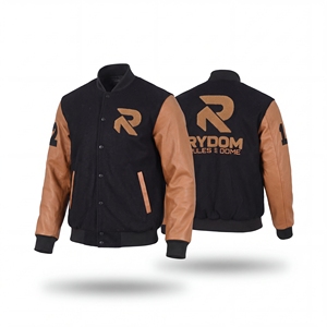 แจ็คเก็ตวาร์ซิตี้ผู้ชาย RYDOM สีดำ แขนหนังสีน้ำตาล ปักโลโก้ ปกคอพับ กระดุมแถวเดียว สำหรับใส่ในฤดูใบไม้ร่วง - Product Image 1