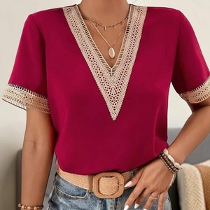 Haut à col en V pour femme, manches courtes, bordure en dentelle, couleur unie, décontracté, été, en viscose et polyester doux, pull-over - Product Image 1