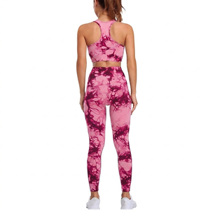 Pink <b>Tie</b> Dye Sport Bra And Leggings Set High Waist Full Length Knitted Spandex Polyester Breathable Quick Dry Women's Activewear - Product Image 3