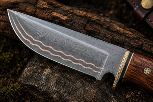 Professional Portable Straight Hunting Knife Outdoor Survival <b>Copper</b> Damascus Steel Fixed Blade Brass Guard with Wooden Handle - Product Image 4