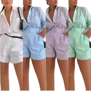 Conjunto de Top de Manga Corta y Shorts de Verano para Mujer, Venta al por Mayor de Fábrica, Moda Casual, Color Sólido, Corte Regular, Shorts hasta la Rodilla, Cintura Elástica - Product Image 4