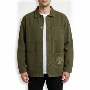 Chaqueta Utilitaria de Mezclilla Verde Oliva para Hombre de Outpost Supply Co, Corte Regular, Color Sólido, Cierre de Cremallera, Decoración con Parches, Ropa de Otoño - Product Image 3