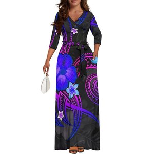 Vestido Hawaiano con Estampado de Islas del Pacífico, Estilo Veraniego para Mujer, Maxi Vestido con Cinturón, Cuello en V, Manga 3/4, Talla Grande, Estilo Samoano - Product Image 1