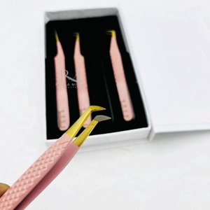 Pinzas para extensión de pestañas con punta de plasma dorada / color melocotón recubierto en polvo, 4 puntas de fibra diferentes / Empaque en caja blanca - Product Image 4