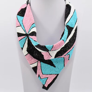 Écharpe carrée longue style vintage, collier perlé à la main, perles en tissu, imprimé floral, bandana, tenue de soirée, look resort - Product Image 1