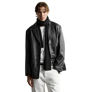 Men's Black Genuine <b>Leather</b> Streetwear <b>Blazer</b> <b>Jacket</b> Notch Lapel Three Button Front Relaxed Fit Premium Custom Fashion Outerwear - Product Image 5