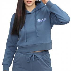 Hoodie court pour femme 100% coton, tricoté, respirant, écologique, à épaules tombantes, style streetwear décontracté, personnalisable, à motifs, à prix bas - Product Image 1