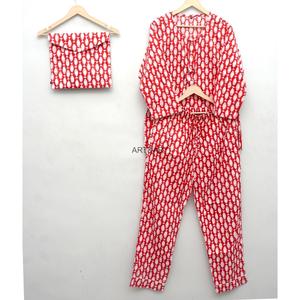 Conjunto de Pijama de Algodón 100% con Estampado de Bloques para Mujer, Manga Larga, Ropa de Dormir de Verano, Cintura Alta Elástica - Product Image 3