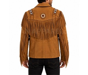 Men's Brown Suede Leather <b>Jacket</b> Fringe Beaded Embroidery Vintage <b>Western</b> Style Stand Collar Regular Fit Winter Wear High Front - Product Image 4